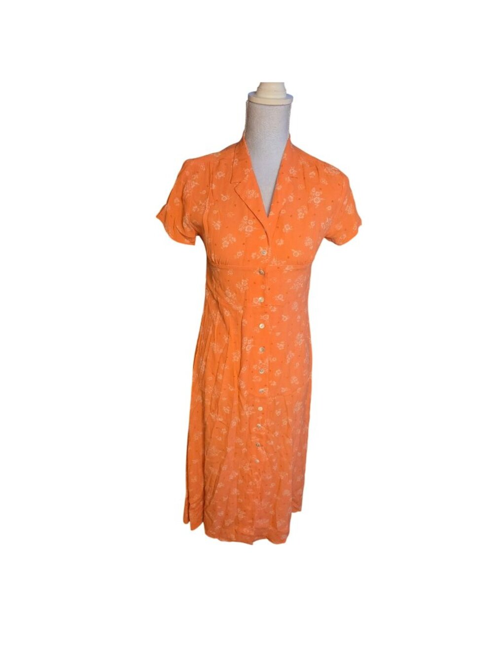 Vintage 90s Eddie Bauer Orange Ditsy Floral Midi Dress Petite S Rayon cottagecor